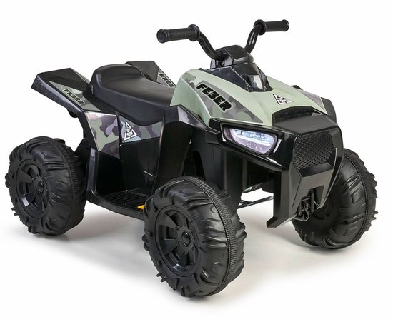 Groene speelgoedquad met camouflageprint, verlichting en grote terreinbanden.