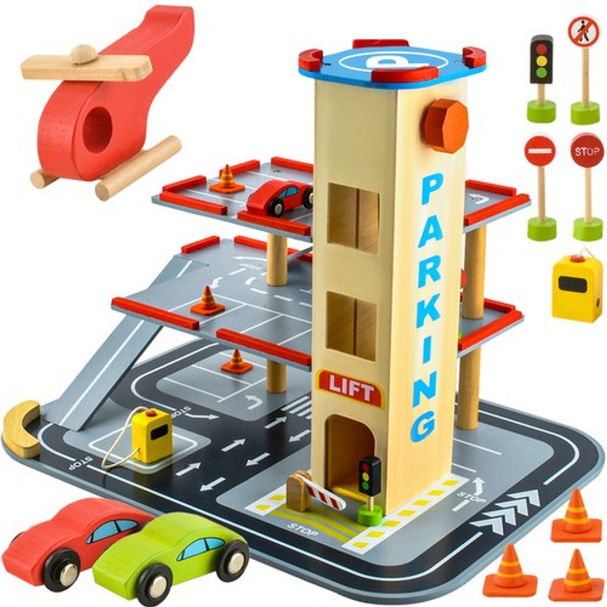 Rijoka Houten Parkeergarage - Parking met lift - Inclusief accessoires - 48x36x42cm