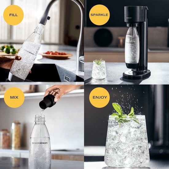 Vier afbeeldingen: water vullen, bruisend water maken, mengen en genieten van een drankje.