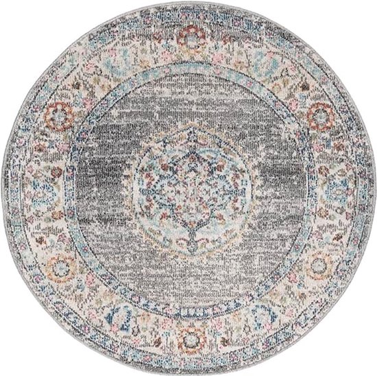 Rond grijs vloerkleed met een gedetailleerd vintage patroon in diverse kleuren, inclusief een centrale medaillon.
