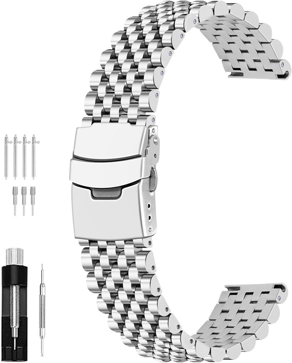 Nordivar - Roestvrij stalen horlogeband 20 mm 22 mm voor mannen vrouwen - Geborsteld gepolijst design met snelsluiting - Metalen implementatie dubbele vouwgesp