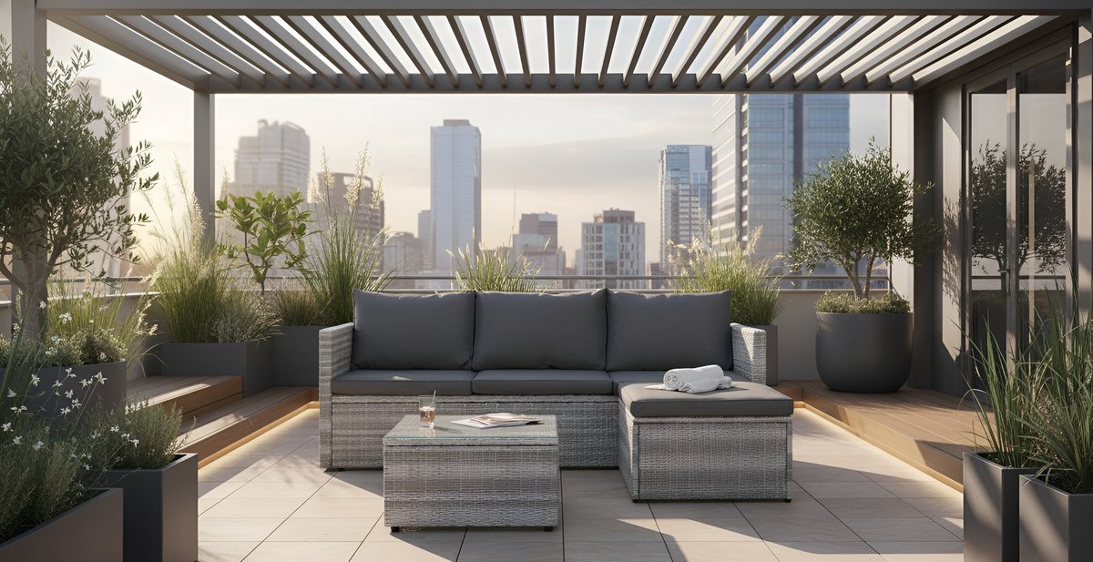 Tuin Loungeset Hoekbank met Tafel & Kruk – 3-4 Personen – Polyrotan Weerbestendig – Comfortabele Tuin Lounge Zitgroep voor Balkon & Terras – 190×125×60 cm – Altameubel