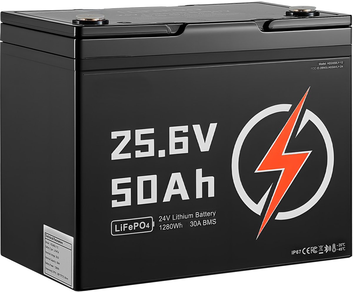24V 50Ah LiFePO4 Lithium Accu met Bluetooth, Diepcyclus Opladbare Accu, 30A BMS, Lage Temperatuur Bescherming, Meer dan 4000 Cycli, 1280Wh Capaciteit, Ideaal voor campers, Caravans, Trolling Motors en Maritiem Gebruik