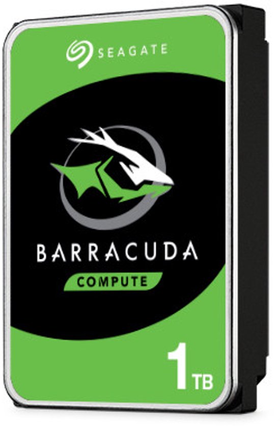 Zwarte Seagate Barracuda compute harde schijf met groene details en 1TB opslag.