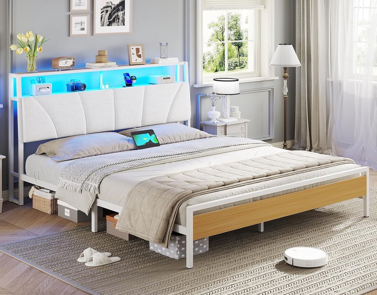 Modern Bedframe 180 x 200 - 180x200 cm - Wit - x 200 cm LED Verlichting - Medahomestore