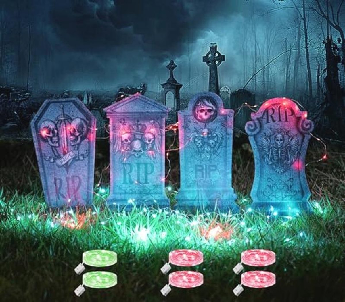 Grafsteen Decoratie Set - 4 Stuks - Buitendecoratie voor Halloween - Waterdicht - 8 Stuks Lichtketting - 3 Meter - Voor Gazon en Achtertuin