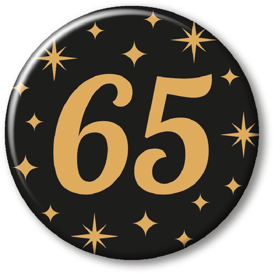 Q2P - 65 Jaar Rozet - Verjaardag Versiering - Zwart & Goud - Feest - Buttons - Rosette