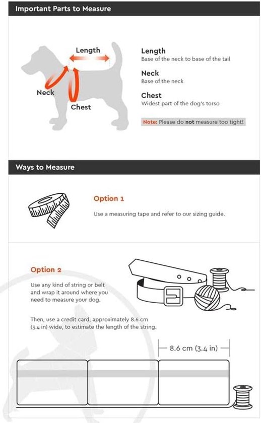 Diagram van een hond met markeringen voor nek, borst en lengte, met meetinstructies.