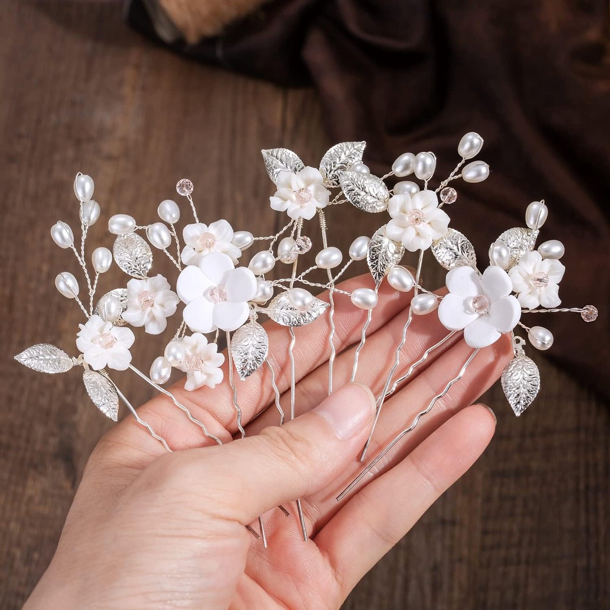 5x Luxe Witte Bloem Haarspeldjes met Parels en Kristallen voor Bruiloft en Feest