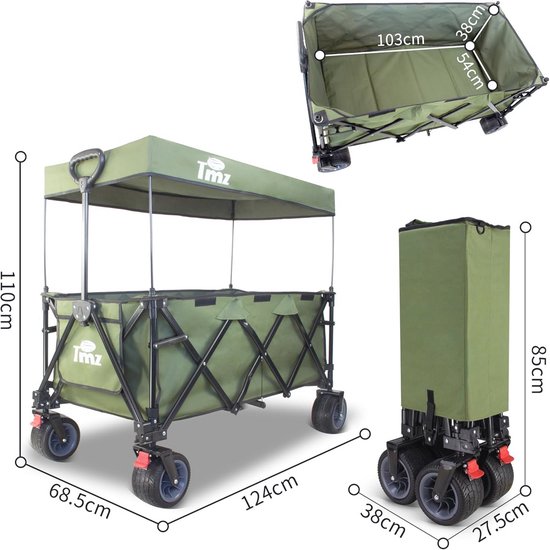 Opvouwbare bolderkar met dak en remmen - 445L capaciteit, 120 kg belastbaar, extra brede banden voor alle terreinen van Sekey — afbeelding 2