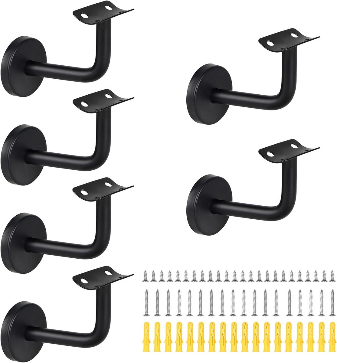 Leuninghouder - trapleuning - wandhouder - houten balustrade - banknister - krom - zwart - roestvrij staal - geschikt voor trapleuningen - 6 stuks - bevestigingsset.