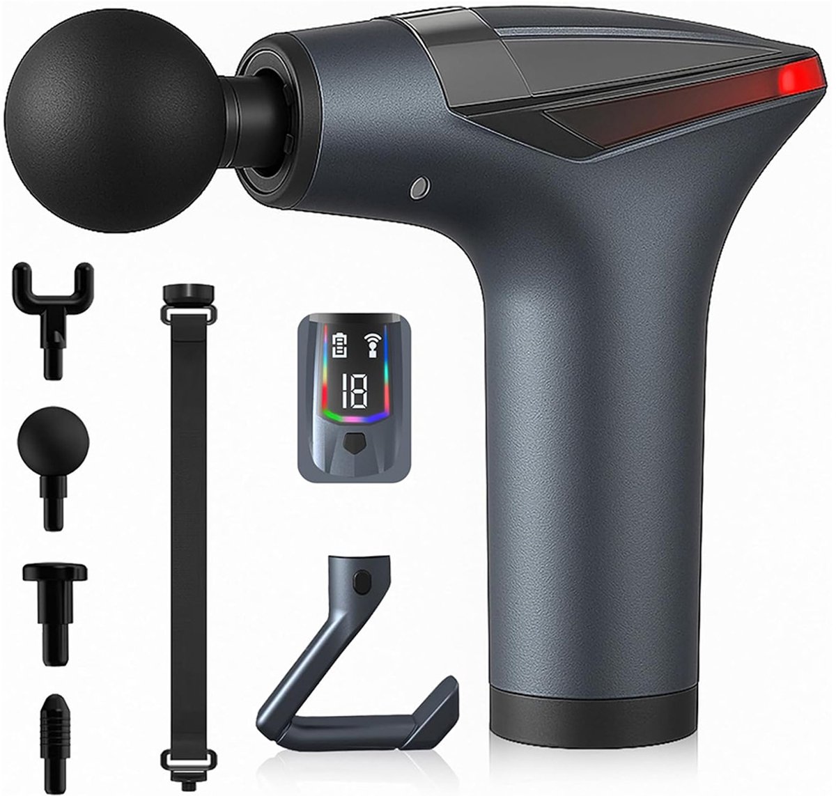 Massagepistool - Impact Spiermassager - met Uitschuifbare Handgreep - 12 Snelheden en LCD-Touchscreen - Stille Handmassager - met Vibrerende Band en 4 Massagekoppen - voor Lichaamsontspanning