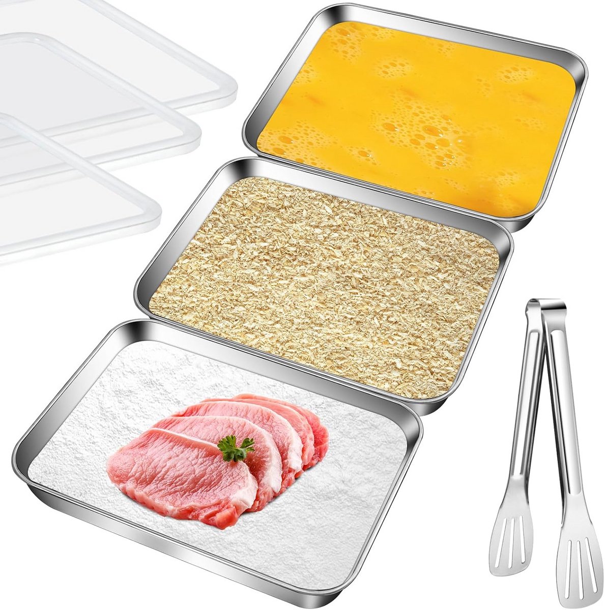 Set van 3 RVS Paneerbakjes met Deksel en Tang voor Paneren en Marineren
