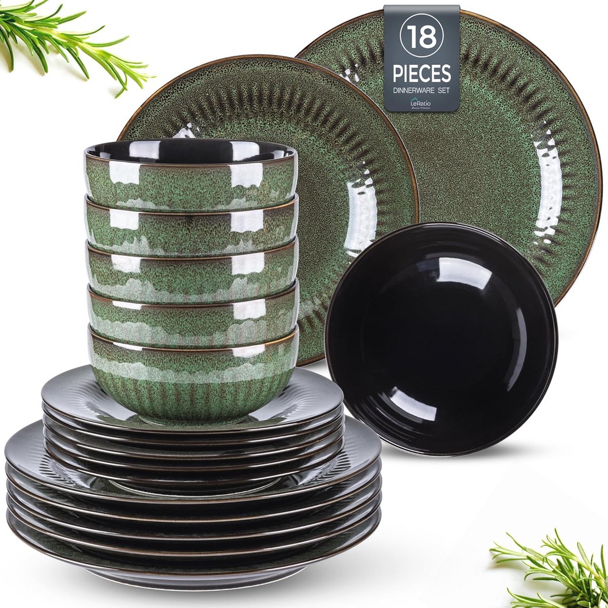 Diner Set voor 6 Personen - 18 Stuks Handgemaakte Aardewerk Borden en Kommen Set - Krasbestendig en Magnetronbestendig - Jade Groen