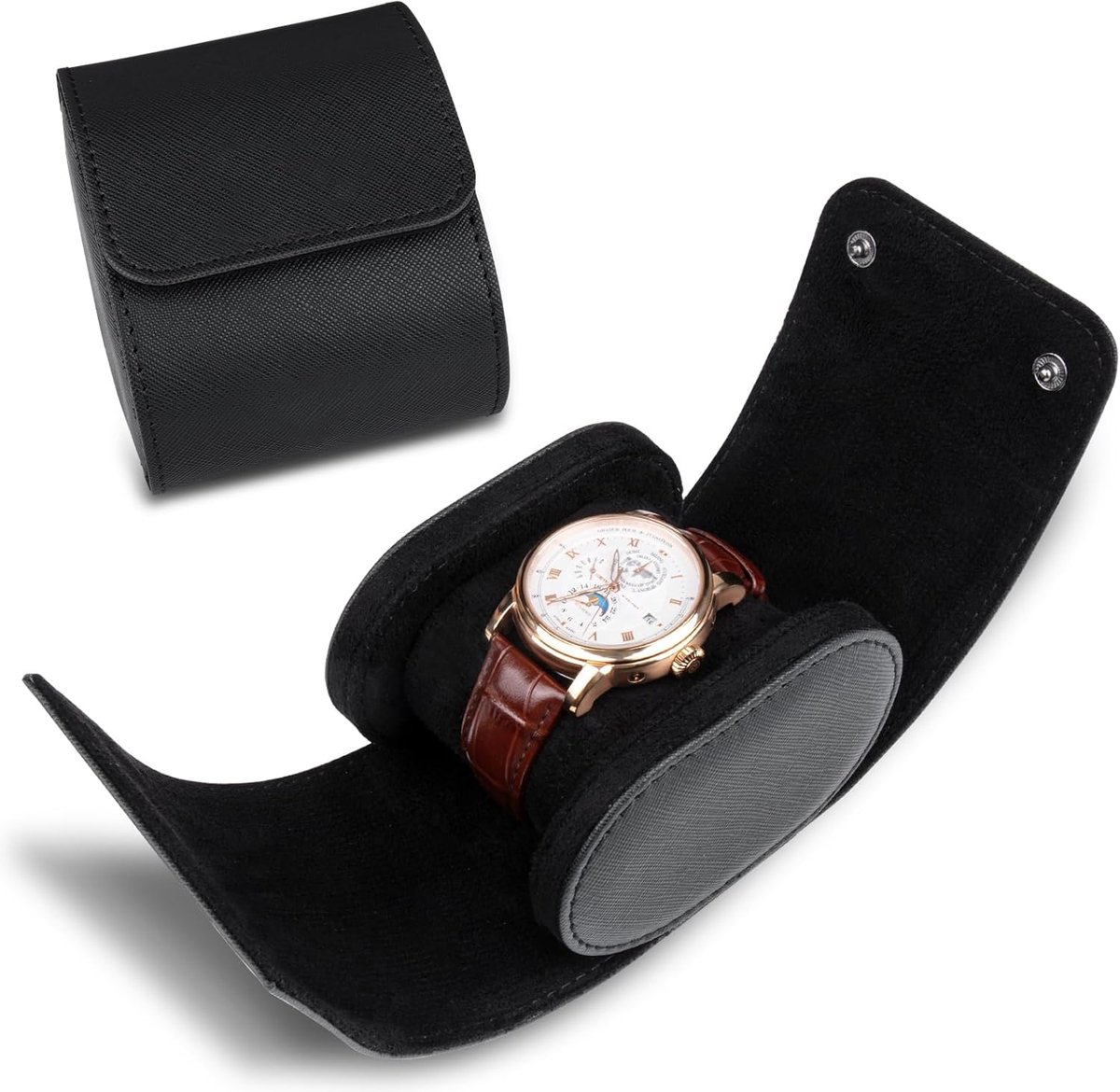 Luxe PU-lederen etui voor 1 horloge, opbergrol, ideaal als cadeauverpakking of horlogedoos voor een verjaardag,Zwart