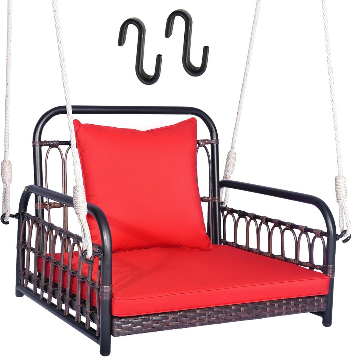 Luxe Hangstoel Buiten en Binnen met Dikke Rode Kussens - Rotan Tuinstoel voor Tuin, Balkon of Veranda - Max 180kg