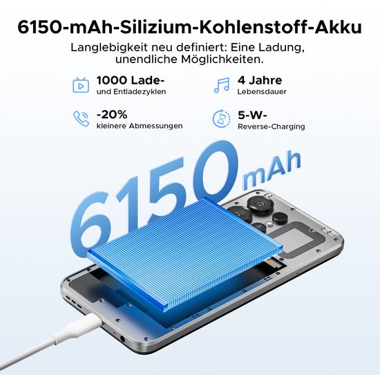 DOOGEE telefoon met 6150 mAh batterij en USB-C oplaadkabel.