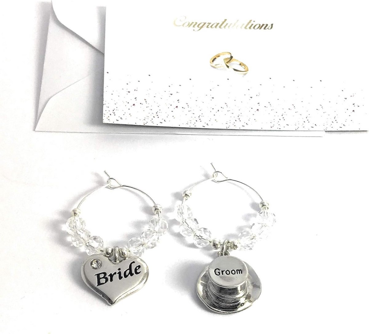 Set van 2 Wijn Glas Bedels Bruid en Bruidegom Hoge Hoed Hartvormig Cadeau