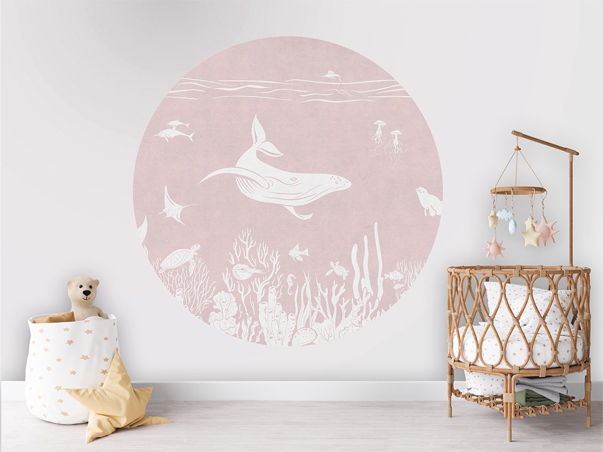 Muurcirkel - Kinderkamer - Decoratie rond - muurdecoratie - ø 80 cm - Onderwaterwereld - Roze - Monochrome Sea Pink