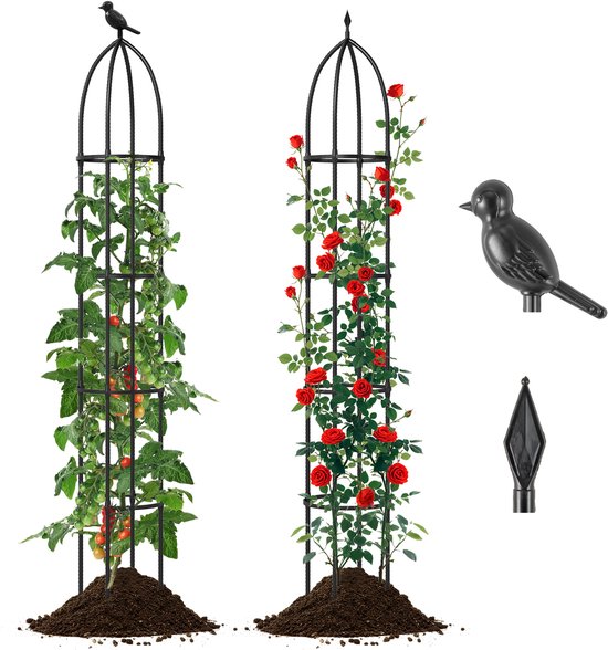 COSTWAY Obelisk Set de 2 supports de grimpement, 197 cm, obélisque de grimpement en métal revêtu, 4 têtes, 4 hauteurs ajustables, autoportant, colonne de grimpement, jardin, pour plantes grimpantes, fleurs, roses