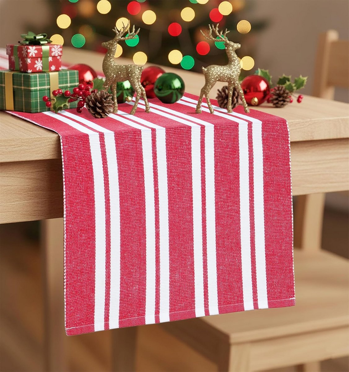 Dubbele Streep Geribbelde Geweven Tafelloper Rood en Wit Katoen 35,5 x 229 cm
