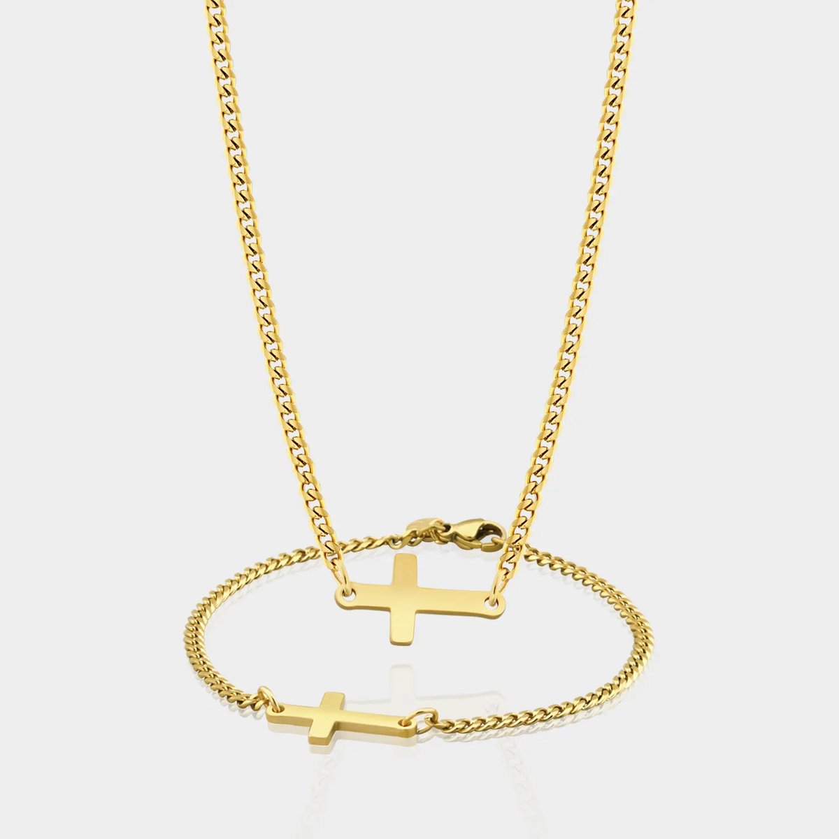 Cuban Cross Ketting 3 mm x Cuban Cross Armband 3 mm - Gouden Schakelketting en Schakelarmband Heren - 50/19 cm lang - Olympus Jewelry