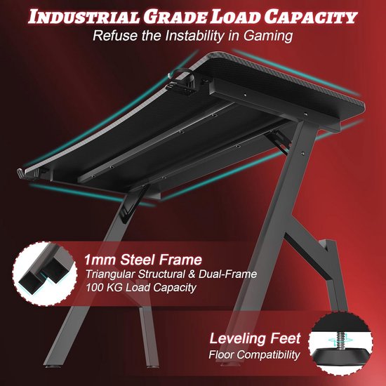 Ergonomisch Gamingbureau 140 x 60 cm met Bekerhouder en Hoofdtelefoonhaak - Zwart — afbeelding 3