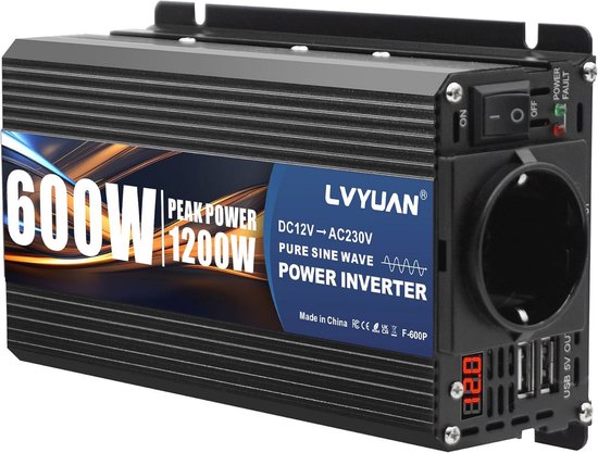 600W/1200W Zuivere Sinus Omvormer DC 12V naar AC 230V met USB-poorten