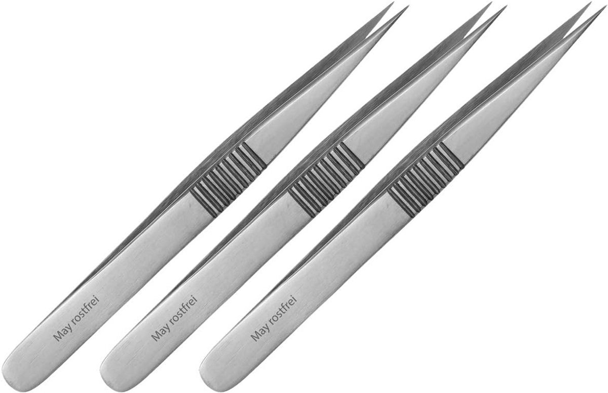 3x Spits EHBO Pincetten - Roestvrij Staal - Splinter & Teken Verwijderen - Gegroefd Handvat