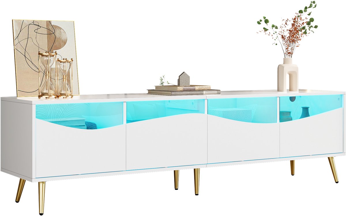 Moderne TV-kast - 180 x 40 x 50 cm - LED Verlichting - Witte Korpus - Gouden Metalen Poten
