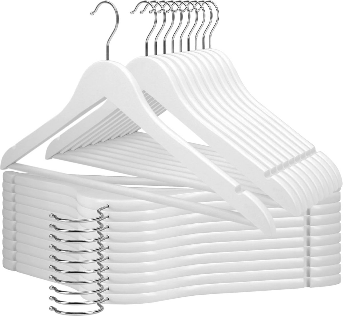 Set van 20 witte houten kledinghangers met draaibare haak | 44,5 x 22 cm | Perfect voor elke garderobe