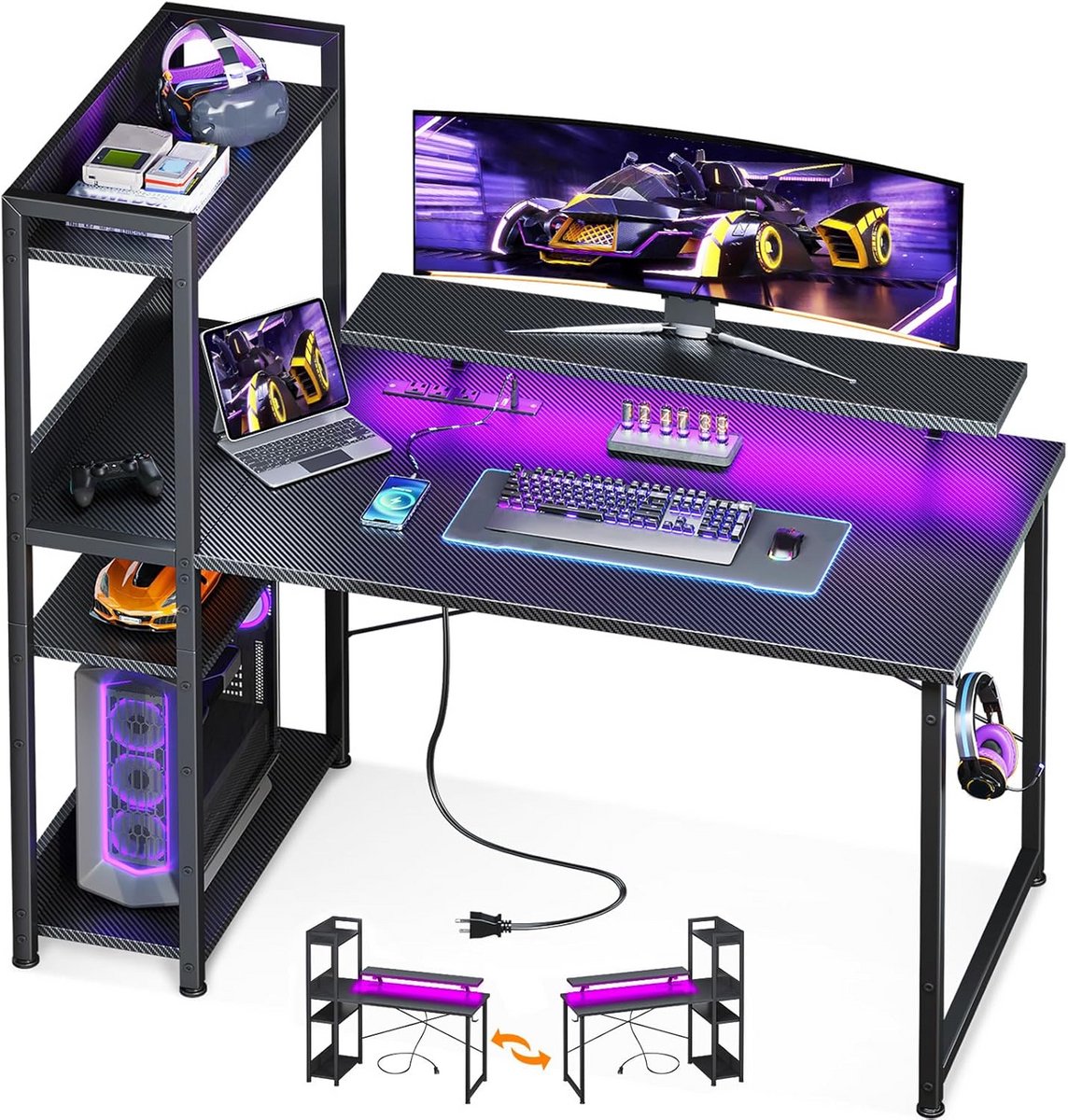 Omkeerbaar Gamingbureau met USB-poort en Opbergplanken - Compact Bureau voor Thuiswerken en Slaapkamer