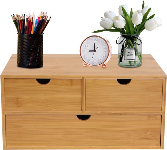 KIRIGEN Bureaulade-organizer – 6 Laden, Massief Paulowniahout, Vintage – Met Labelhouders, Volledig Gemonteerd