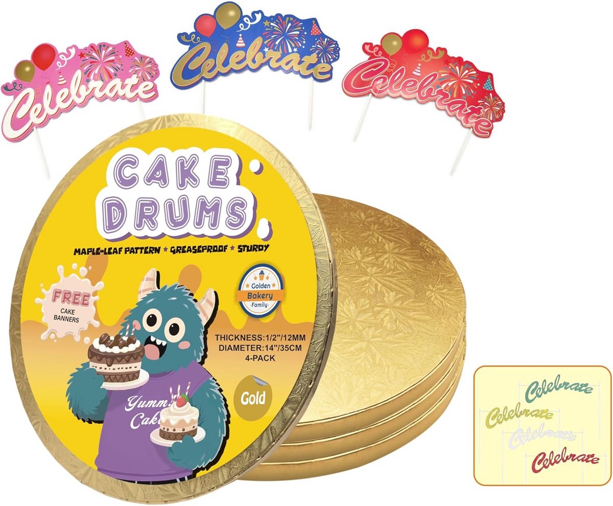 Set van 4 Ronde Cake Drums 35cm Goud - Stevige Taart Planken 14 inch