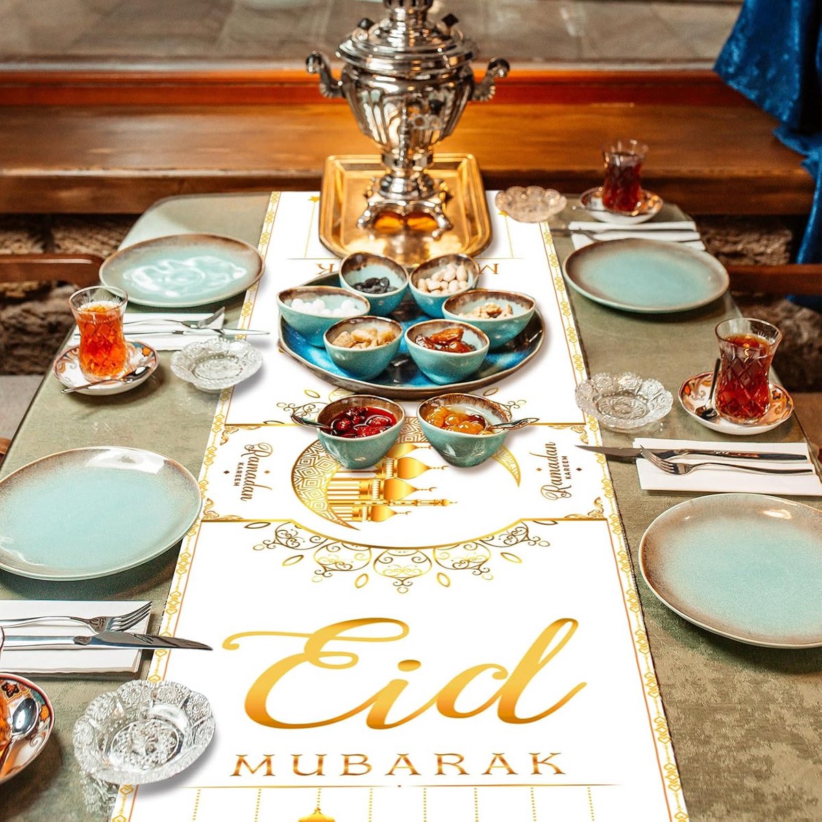 Lange Gouden Tafelloper voor Ramadan en Eid Mubarak – Islamitische Tafeldecoratie