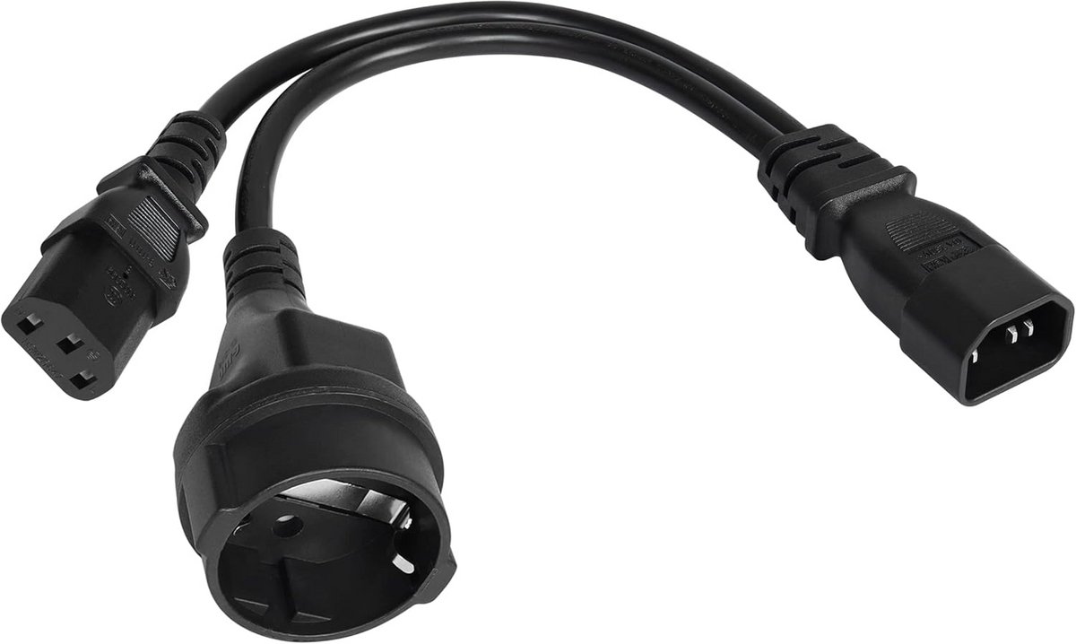 C14 naar 2x C13 Y-Splitter Stroomkabel met Aardstekker (CEE 7/7) - 30 cm Verlengkabel