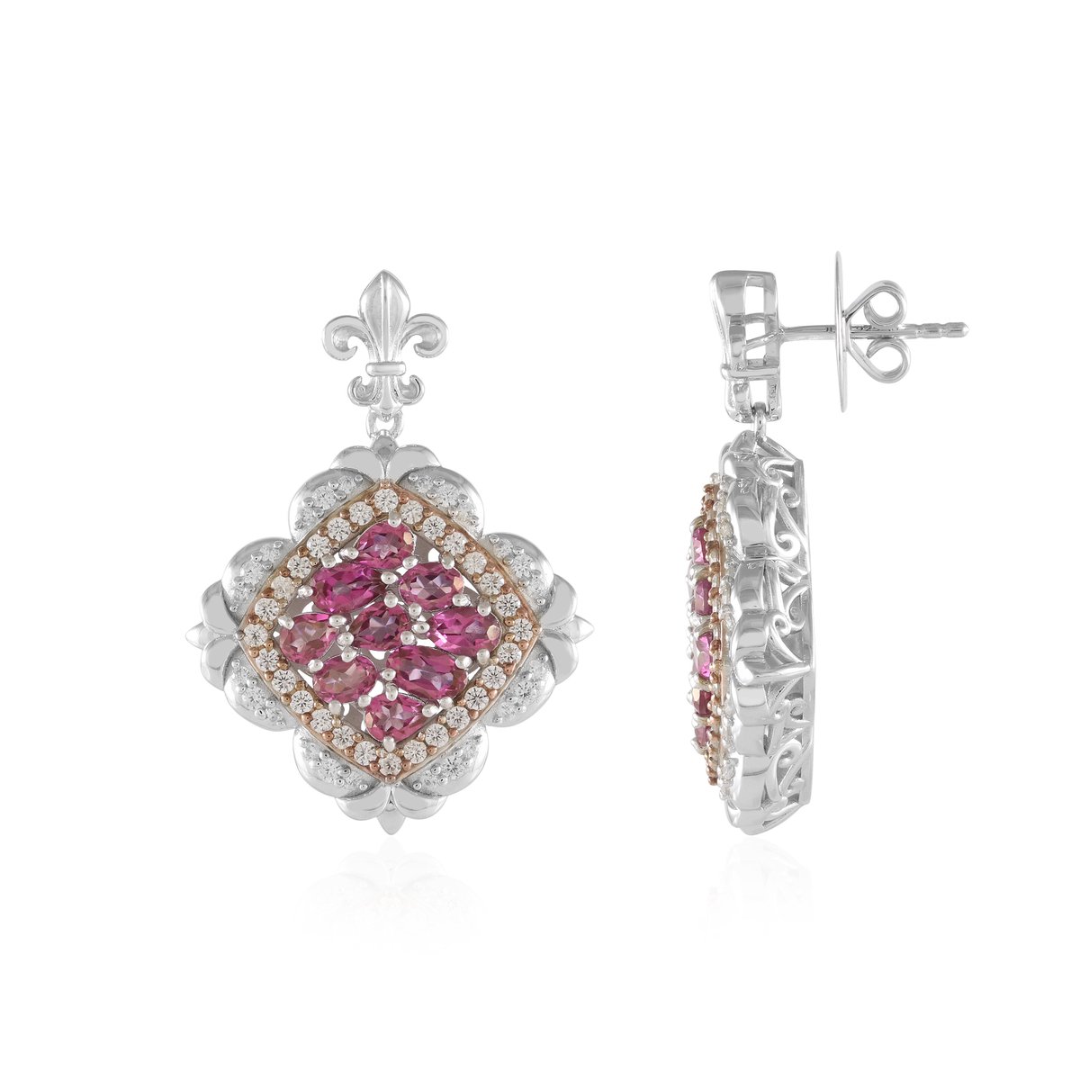 Cavill - Zilveren Oorbellen 925 Sterling Zilver - Roze Topaas 4,94 Ct - Ovaal & Peervormig - Elegante Filigraan Vierkant Design