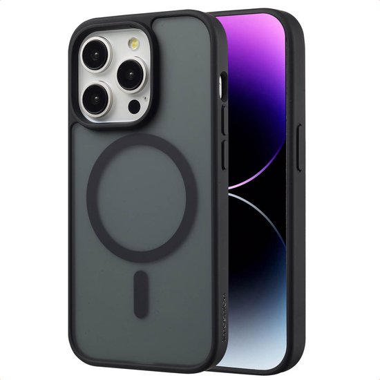 Coque gris foncé transparente avec bordure noire, cercle MagSafe et un iPhone 14 Pro à l'écran violet.