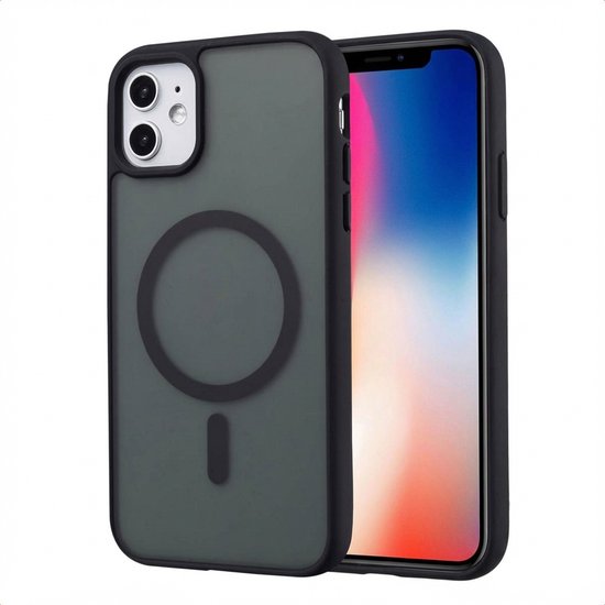 Zwarte MagSafe backcover voor iPhone 11 met een cirkelvormige magneetring.
