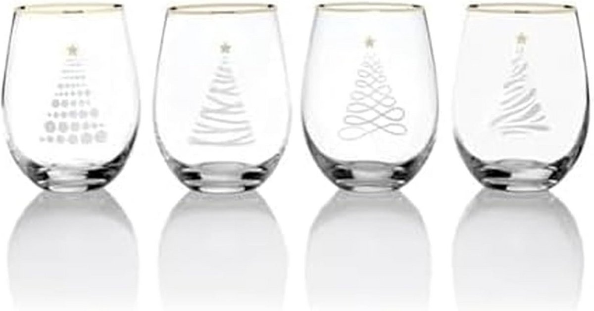 Set van 4 Stengelloze Wijnglazen met Kerstboom Design - Feestelijk Glaswerk voor Kerst