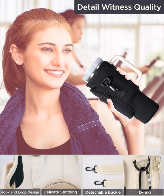 Waterfles houder-Tweedelige draagtas voor waterfles - waterfles niet inbegrepen - met telefoonvak - geschikt voor waterflessen van 1,2 liter/886 ml - tas met waterfleshouder - met verstelbare schouderband - met rietjeshouder - zwart-wit - 25x10 cm — afbeelding 5