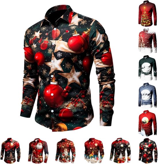 Donkergroen overhemd met kerstprint: rode ballen, sterren en sneeuwvlokken. Slim fit.