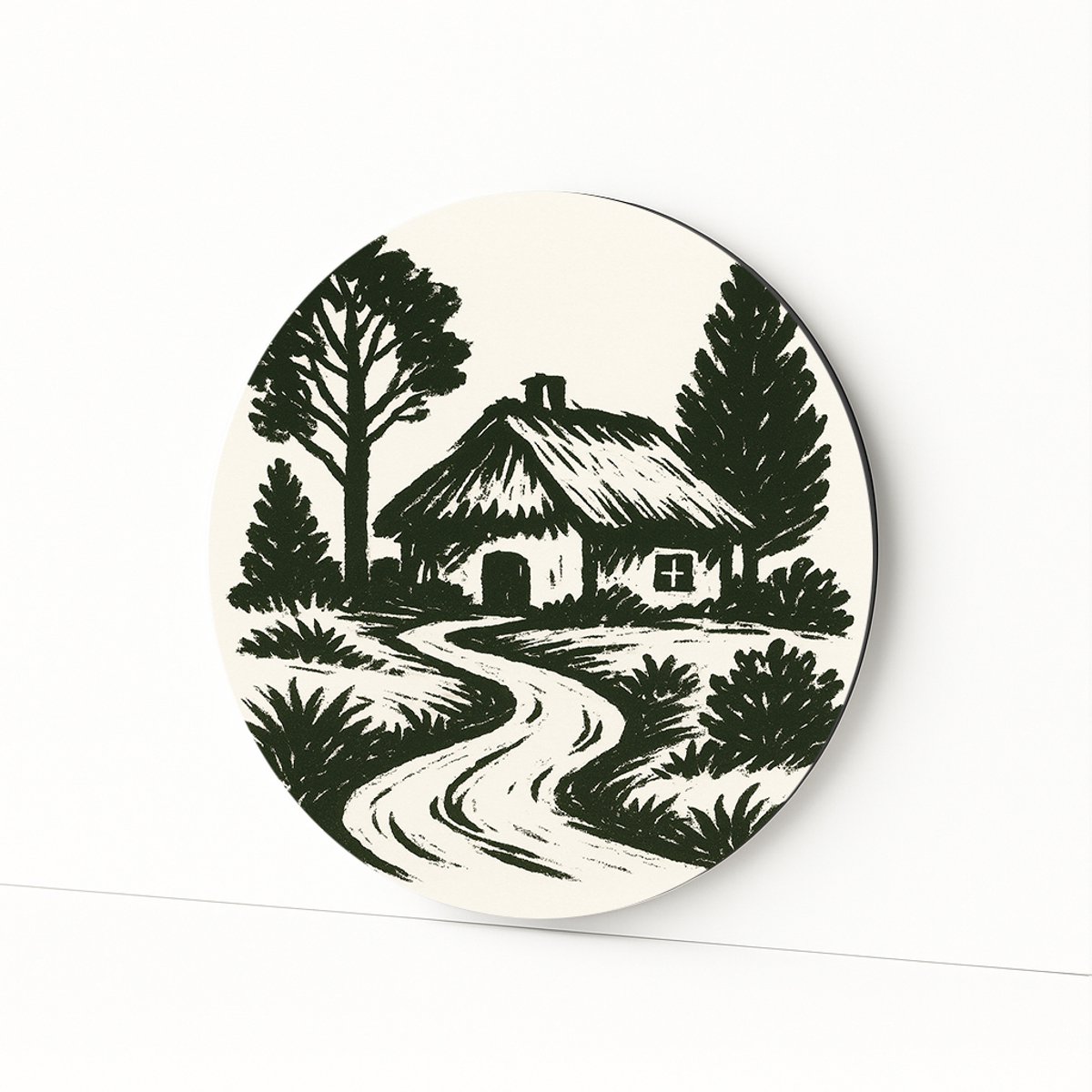 Huis bij bomen – ronde print – wandpaneel – Dibond muurcirkel – 100x100 cm