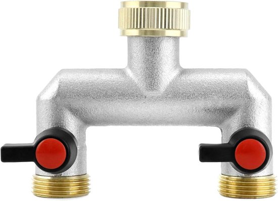 VAYALT 2-weg Waterverdeler – Messing, 3/4 Inch, Met Twee Kogelkranen, Inclusief Adapters, Geschikt Voor Tuin En Huishouden