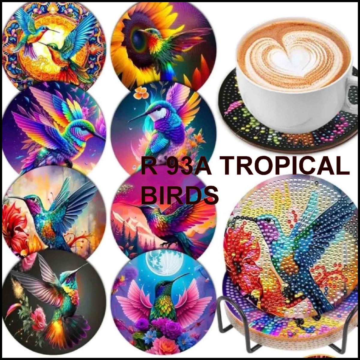 VDTOYS® DIAMOND PAINTING voor volwassenen - tropische vogels - Onderzetters - Coasters - Onderleggers - Ronde steentjes - 8 stuks - Compleet Hobbypakket - set R TROPISCHE VOGELS