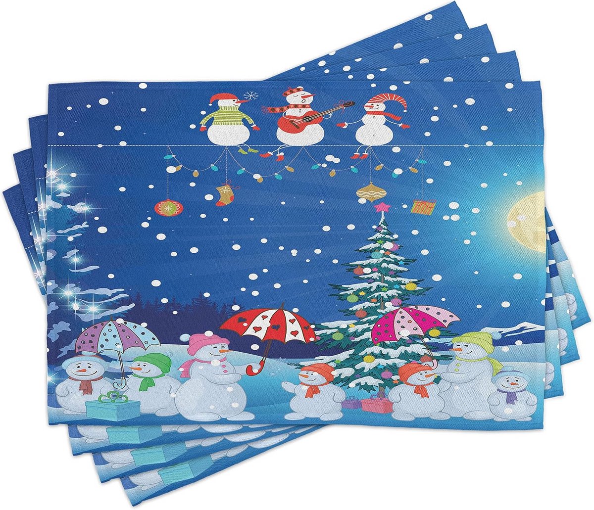 Set van 4 Kerst Placemats (30x45 cm) - Wasbaar Tafelkleed - Sneeuwpop Design