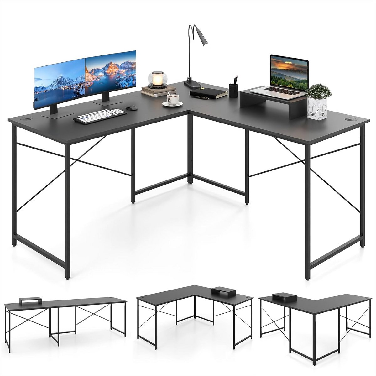 Hoekbureau L-vormig Computerbureau met Monitorverhoger - Omkeerbaar en Ruimtebesparend