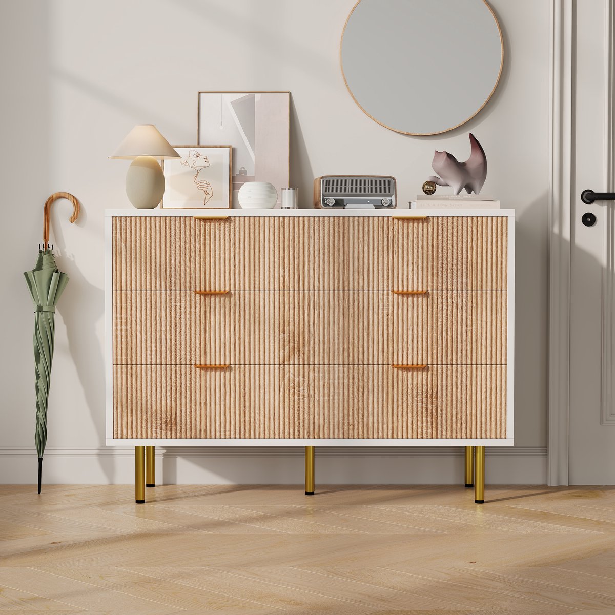Houten Dressoir met 6 Lades – Moderne Opbergkast met Metalen Poten voor Eetkamer