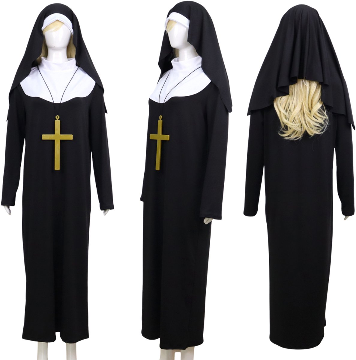 Joya Party® Non Verkleed Kostuum Dames | Luxe Nonnen Jurk met Kap & Kruis | Stretch & Ondoorzichtig | Carnaval, Themafeest & Halloween | Verkleedkostuum Vrouw | — afbeelding 9