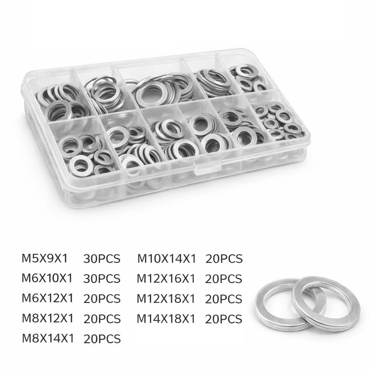 Set van 200 aluminium ringen (M5, M6, M8, M10, M12, M14)